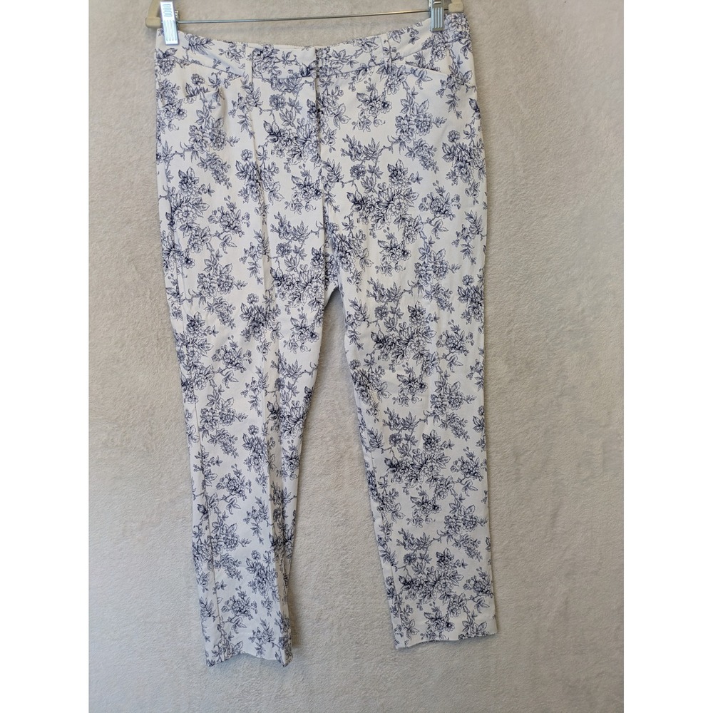 Mario Serrani Trousers Women's 8 White Blue Floral Ankle Slim Fit Business
